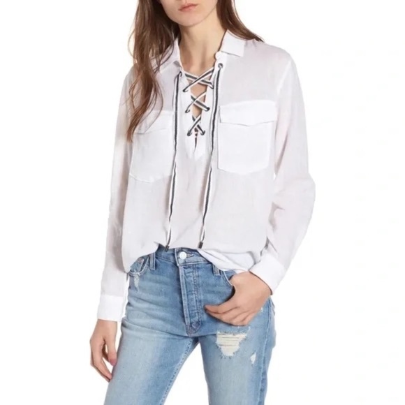 Rails Matea White Linen Lace Up Blouse White 35020 - Picture 2 of 15